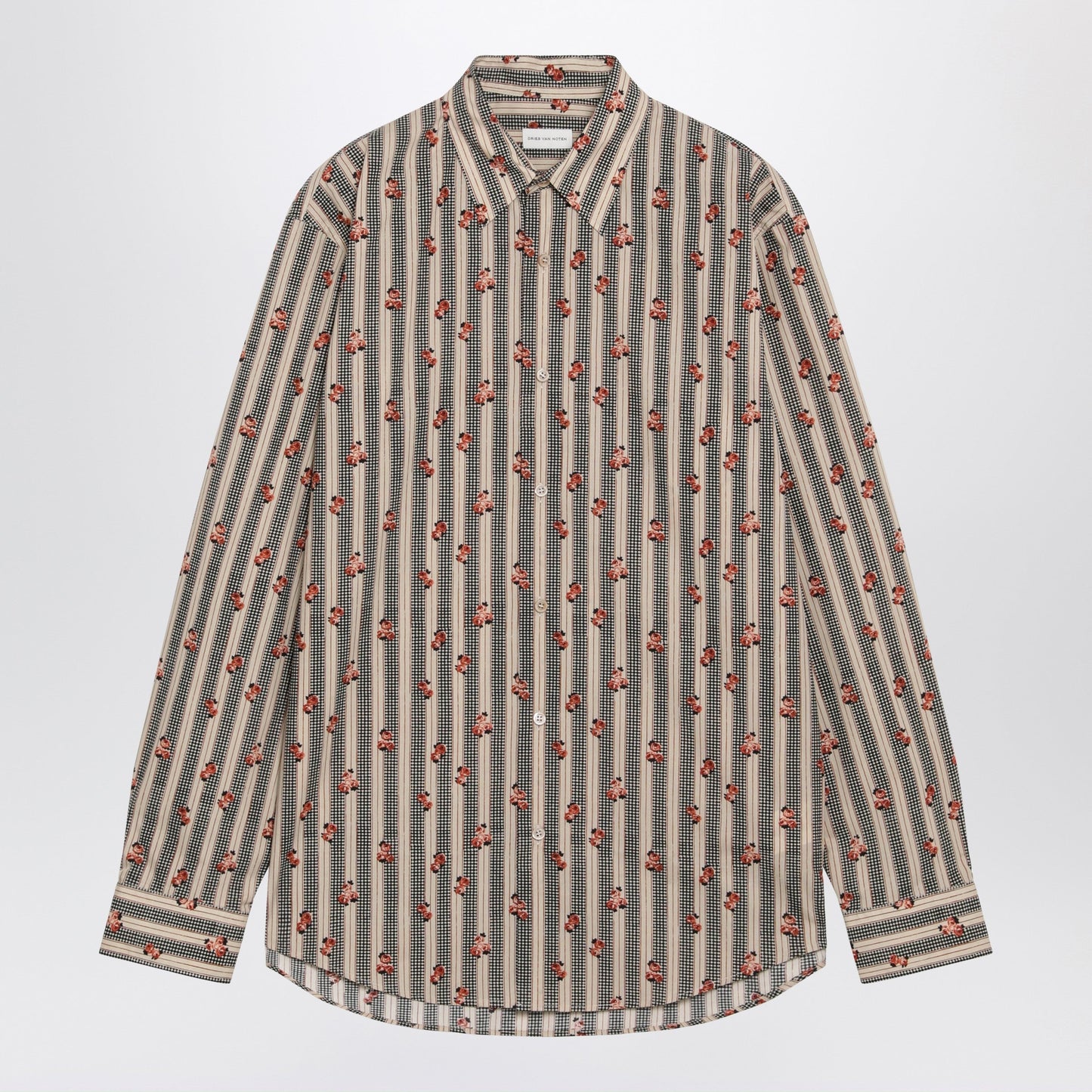 Dries Van Noten Beige Striped Cotton Shirt With Floral Print Men DRIES VAN NOTEN