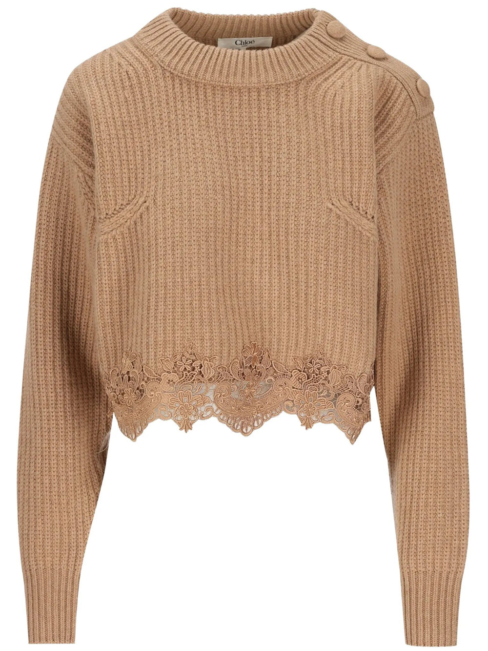 Chloe Women Pullover Corto Con Collo A Lupetto In Maglia Di Lana E Cashmere Con Pizzo CHLOE