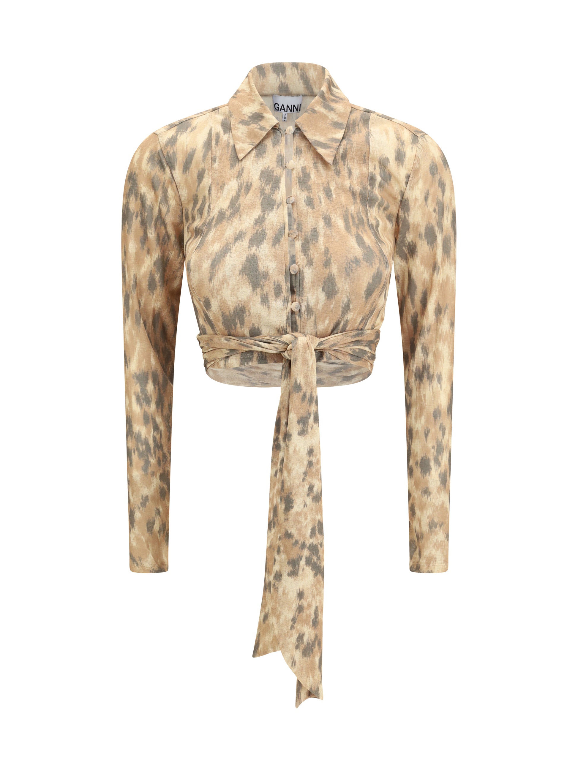 Ganni Women Printed Marl Mesh Tie Blouse GANNI