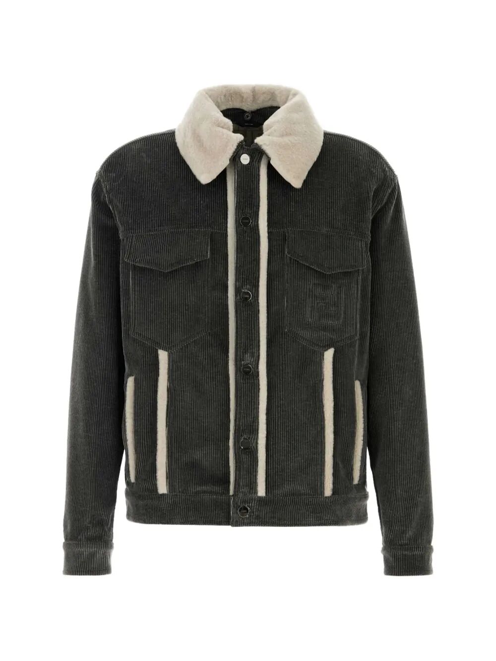 Fendi Men Faded Stonewash Treatment Corduroy Blouson With Sheepskin Trim Removable Collar FENDI