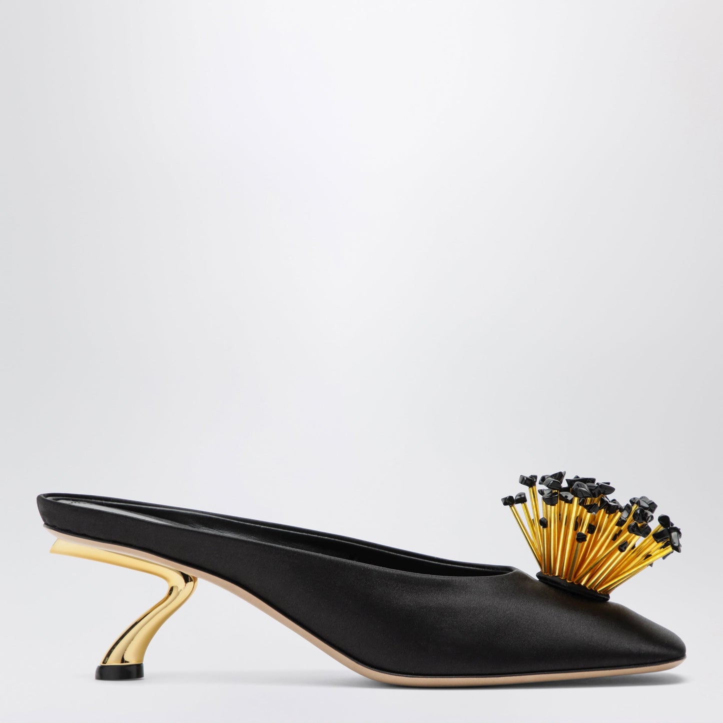 Ferragamo Black Mules With Sculptural Heel And Crystal Flower Women FERRAGAMO