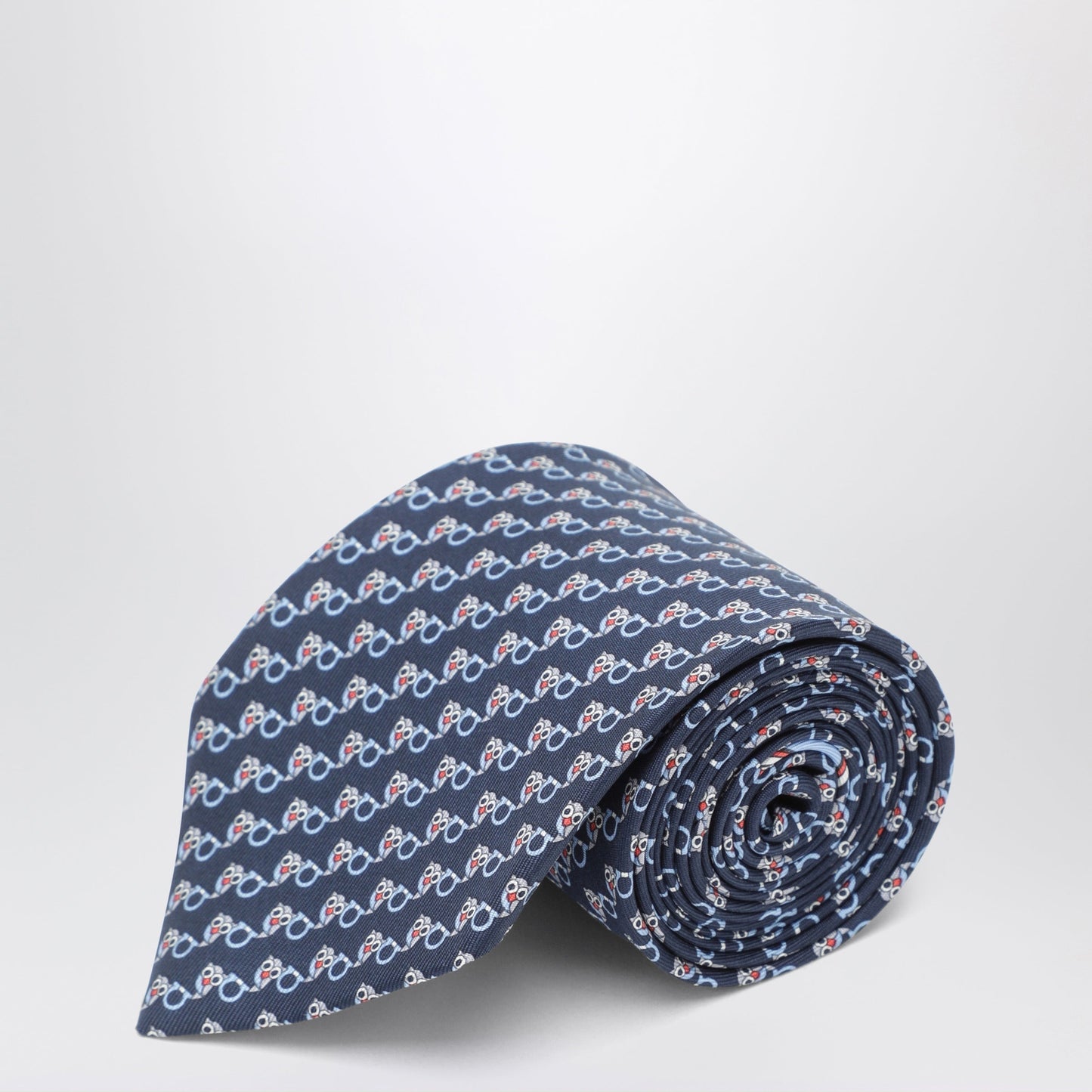 Ferragamo Navy Silk Tie With Gancini And Owl Print Men FERRAGAMO