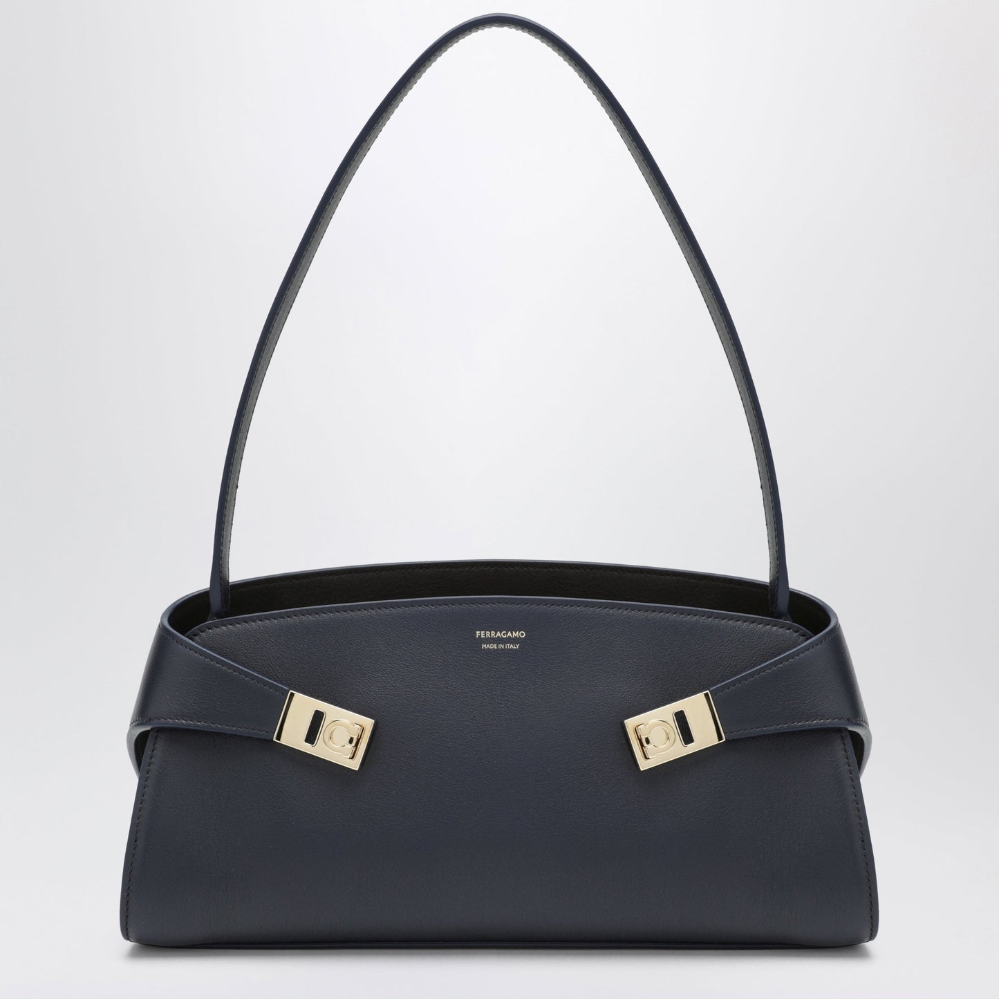 Ferragamo Hug East-West Navy/Dark Brown Calfskin Shoulder Bag Women FERRAGAMO