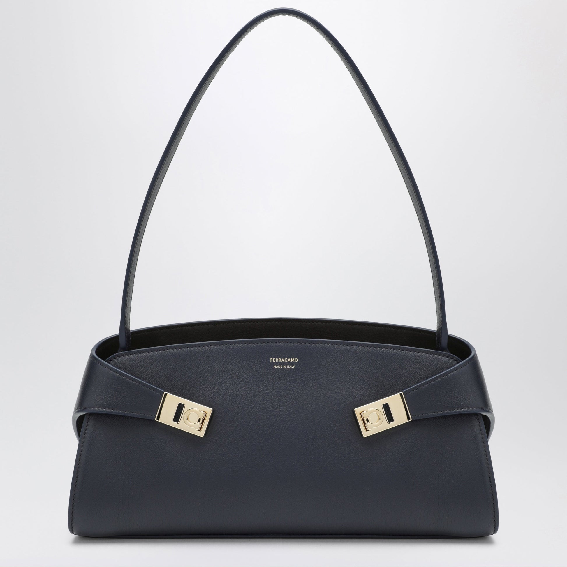 Ferragamo Hug East-West Navy/Dark Brown Calfskin Shoulder Bag Women FERRAGAMO