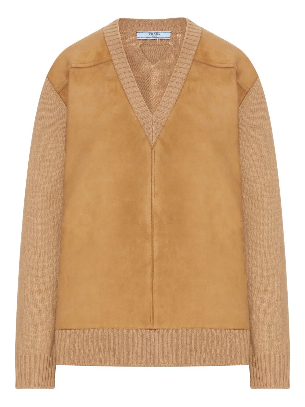Prada Women Suede-Panel V-Neck Wool Sweater PRADA