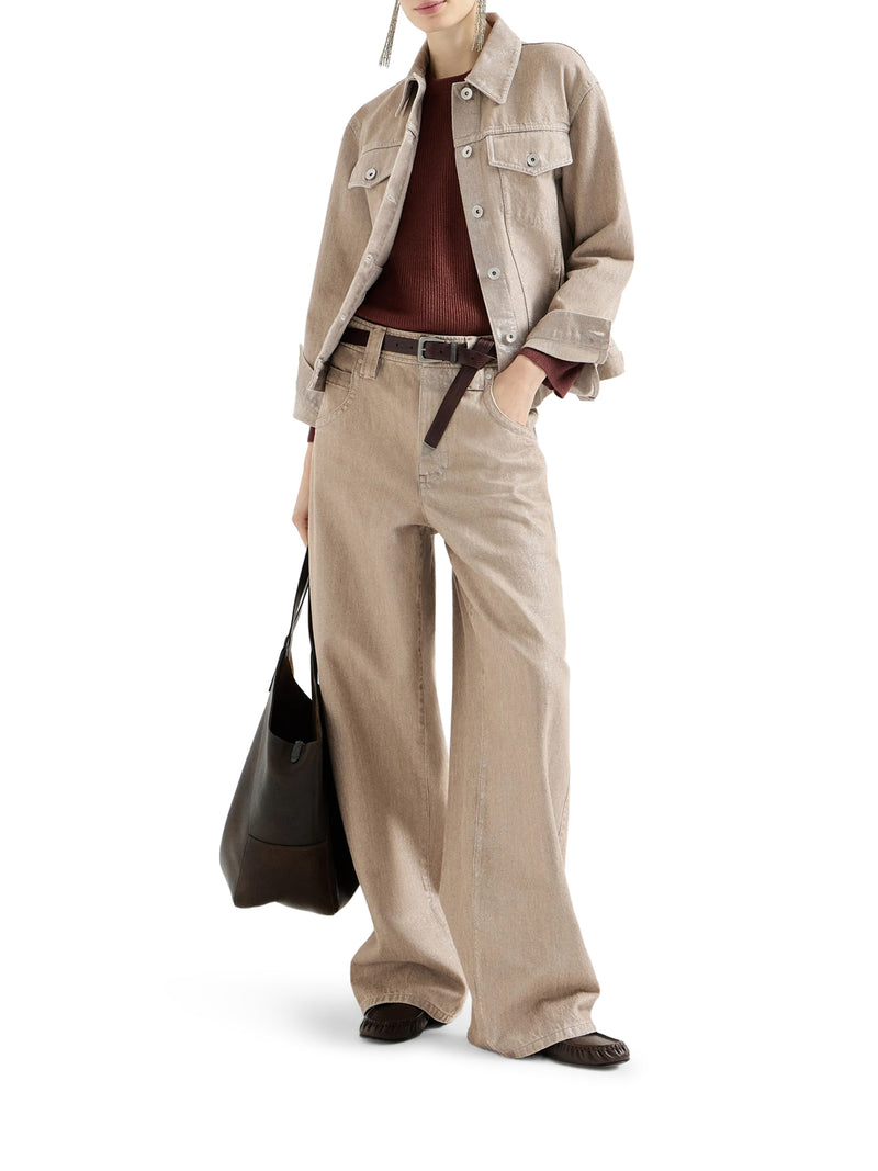 Brunello Cucinelli Women Beige Lamé Denim Baggy Trousers With Embellishment BRUNELLO CUCINELLI