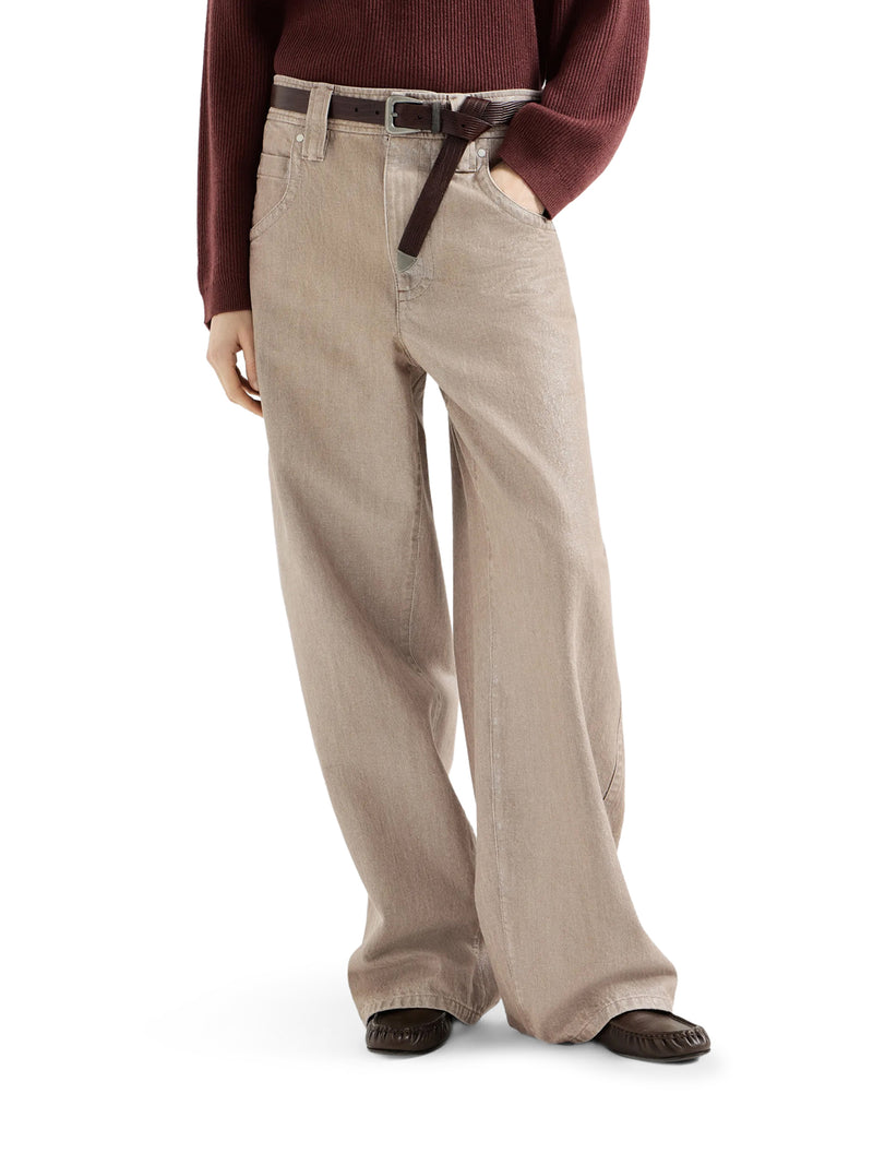 Brunello Cucinelli Women Beige Lamé Denim Baggy Trousers With Embellishment BRUNELLO CUCINELLI