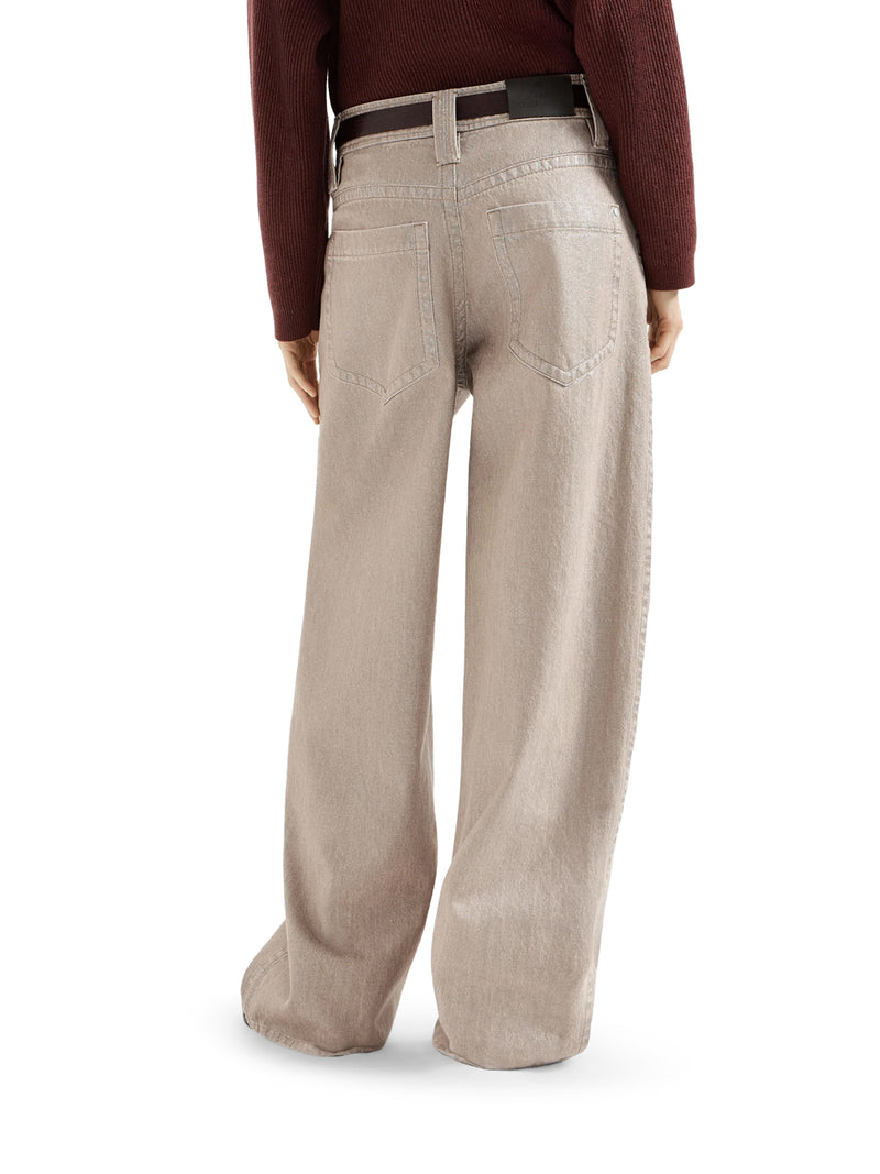 Brunello Cucinelli Women Beige Lamé Denim Baggy Trousers With Embellishment BRUNELLO CUCINELLI