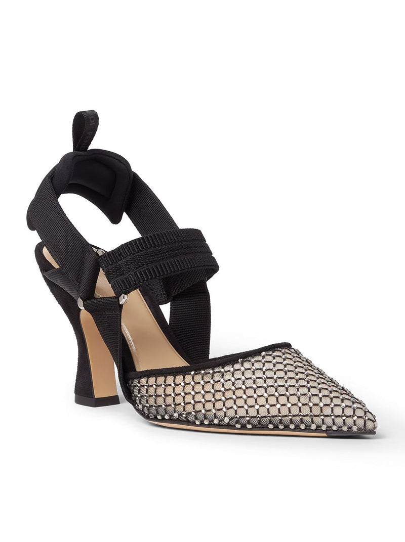 Fendi Women Hummingbird High-Heeled Slingback In Mesh And Black Suede FENDI