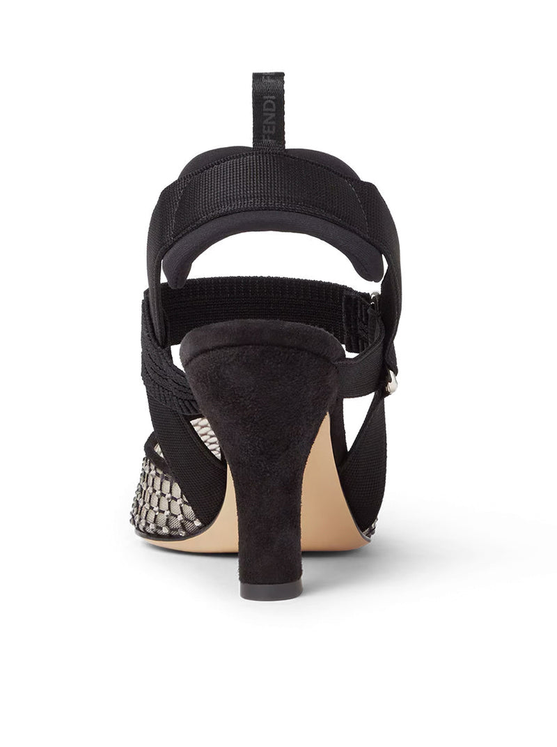 Fendi Women Hummingbird High-Heeled Slingback In Mesh And Black Suede FENDI