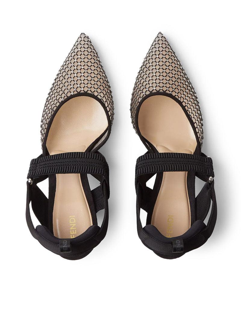 Fendi Women Hummingbird High-Heeled Slingback In Mesh And Black Suede FENDI