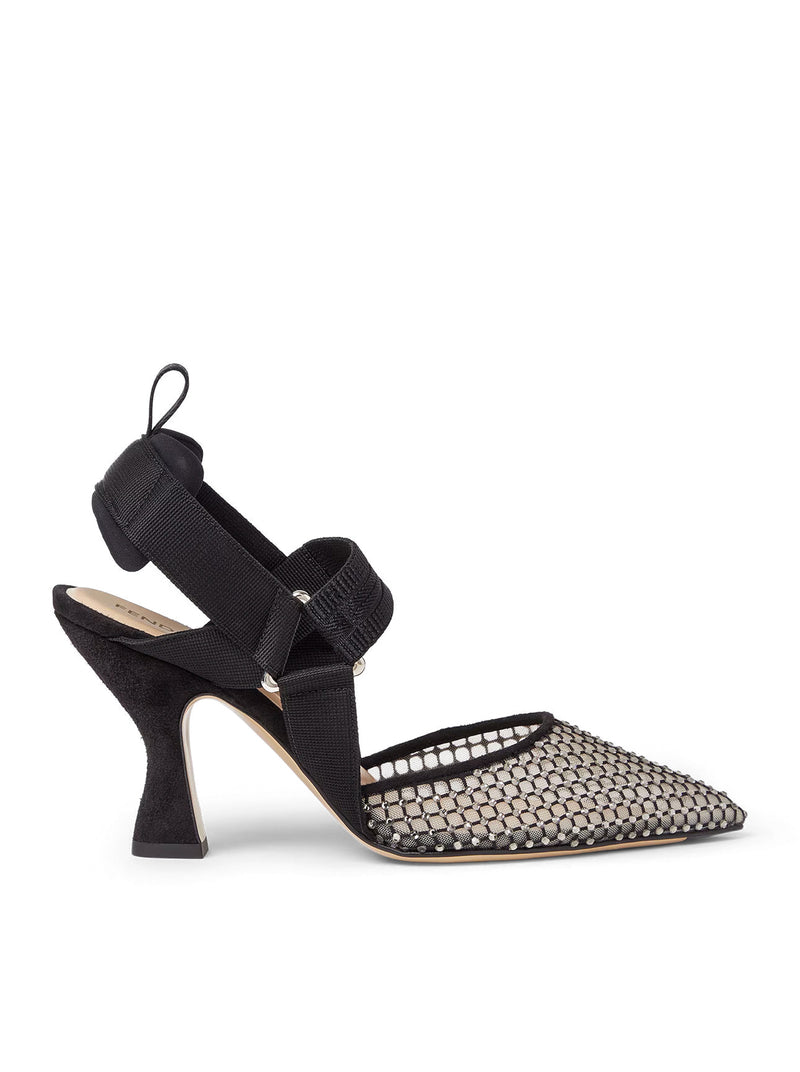 Fendi Women Hummingbird High-Heeled Slingback In Mesh And Black Suede FENDI