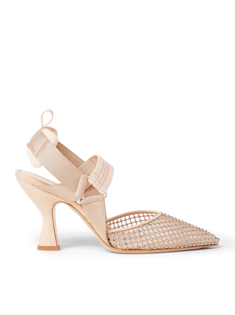 Fendi Women Hummingbird High-Heeled Slingback In Pink Mesh And Suede FENDI