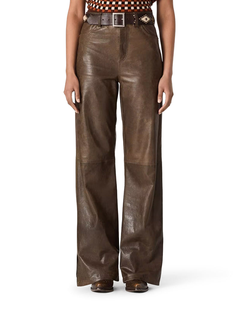 Golden Goose Deluxe Brand Women Dark Green Paneled Waxed Nappa Leather Trousers GOLDEN GOOSE