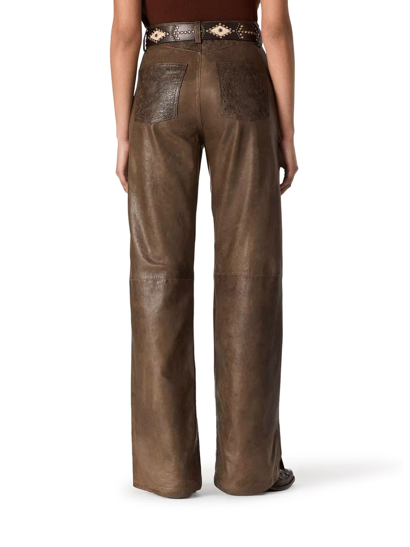 Golden Goose Deluxe Brand Women Dark Green Paneled Waxed Nappa Leather Trousers GOLDEN GOOSE