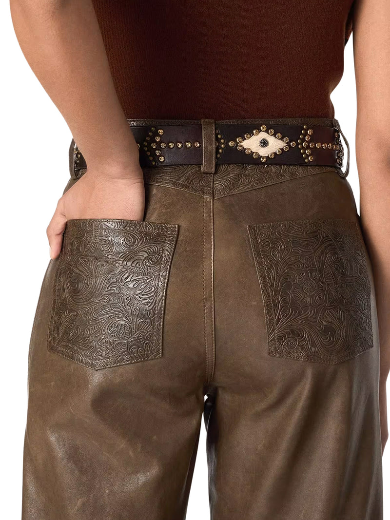 Golden Goose Deluxe Brand Women Dark Green Paneled Waxed Nappa Leather Trousers GOLDEN GOOSE
