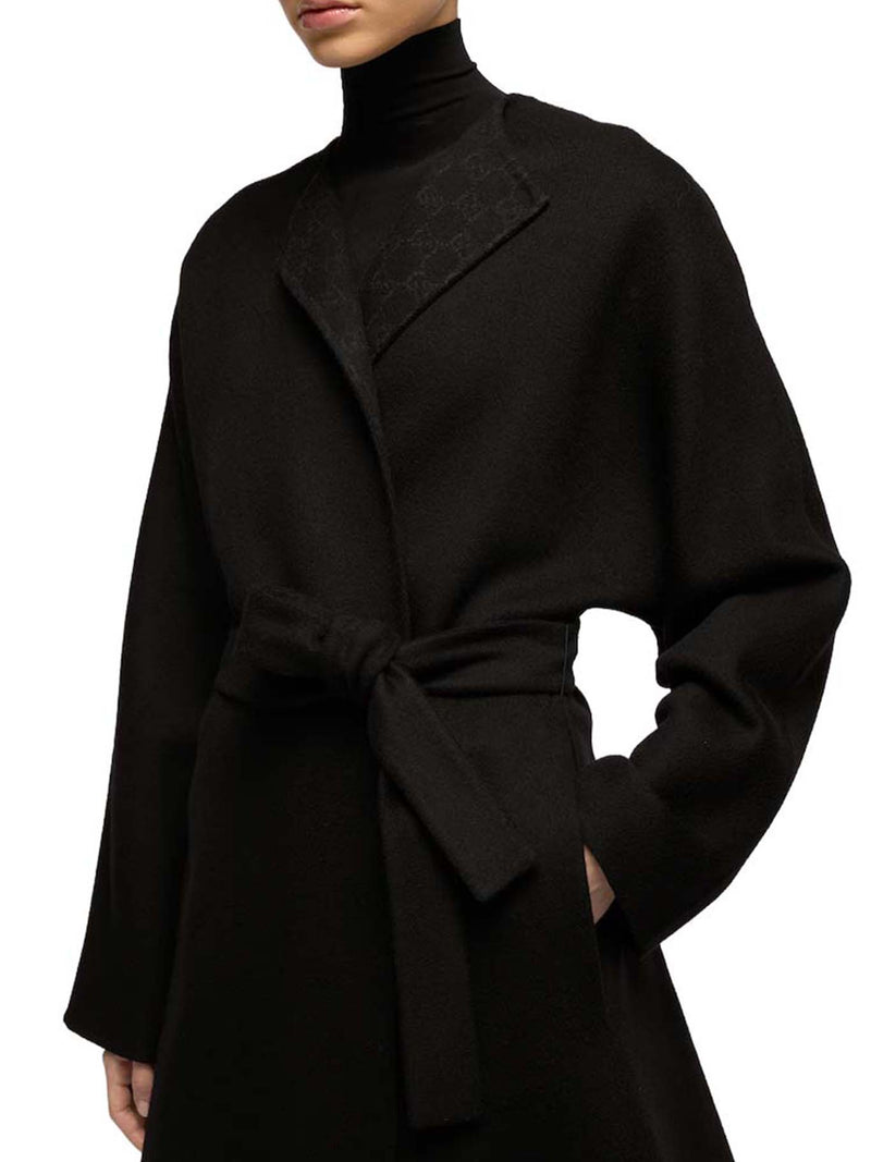Gucci Women Long Silk And Wool Coat With Gg Lining GUCCI
