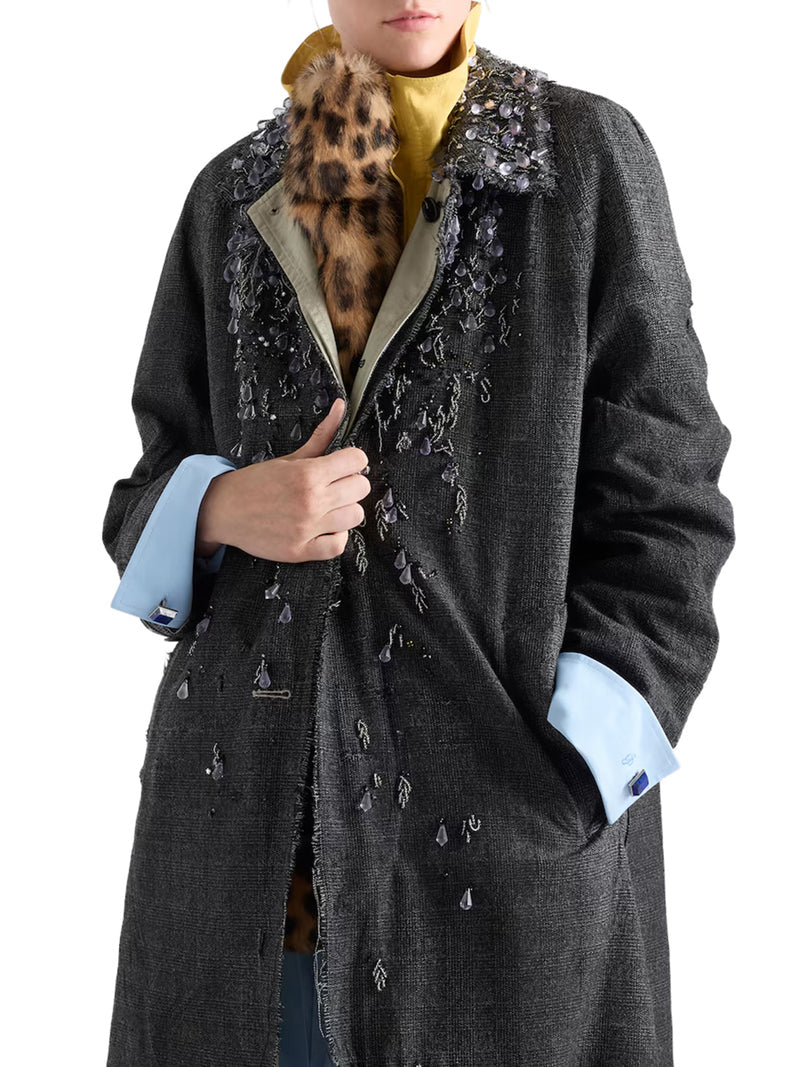Prada Women Single-Breasted Overcoat In Mouliné Prince Of Wales Check And Embroidered Twill PRADA