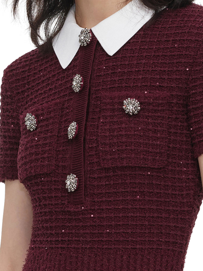 Self-Portrait Women Bordeaux Textured Knit Midi Dress SELF-PORTRAIT