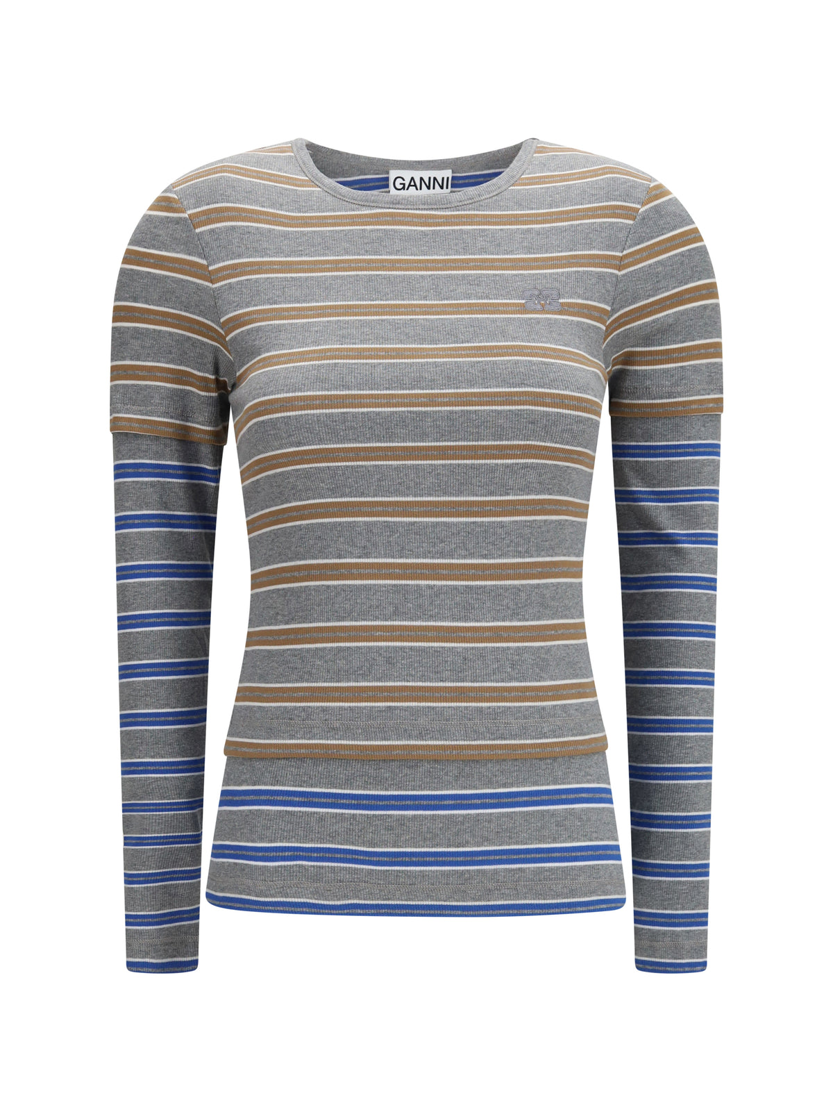 Ganni Women Double-Sleeve Striped Cotton T-Shirt GANNI