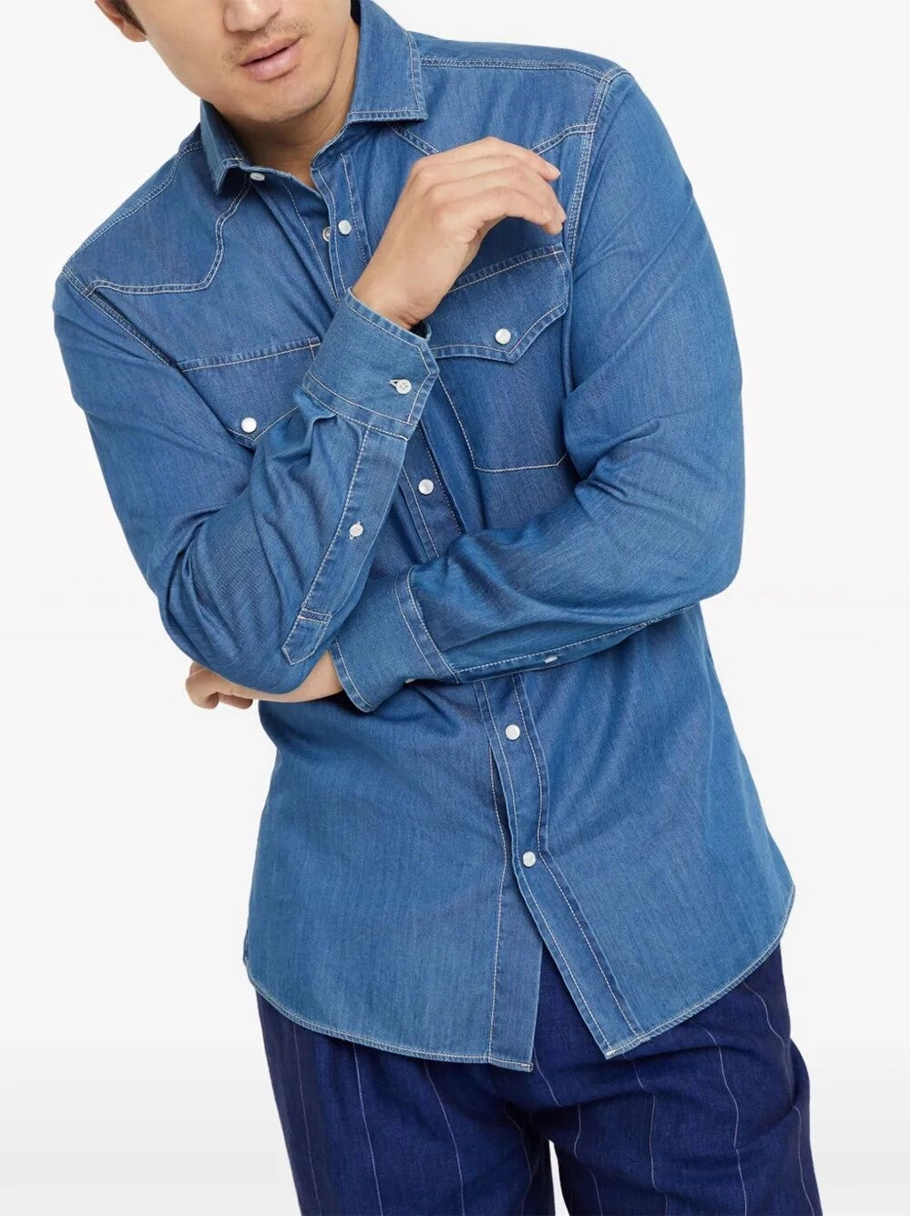 Brunello Cucinelli Men Denim Easy Fit Western Shirt BRUNELLO CUCINELLI