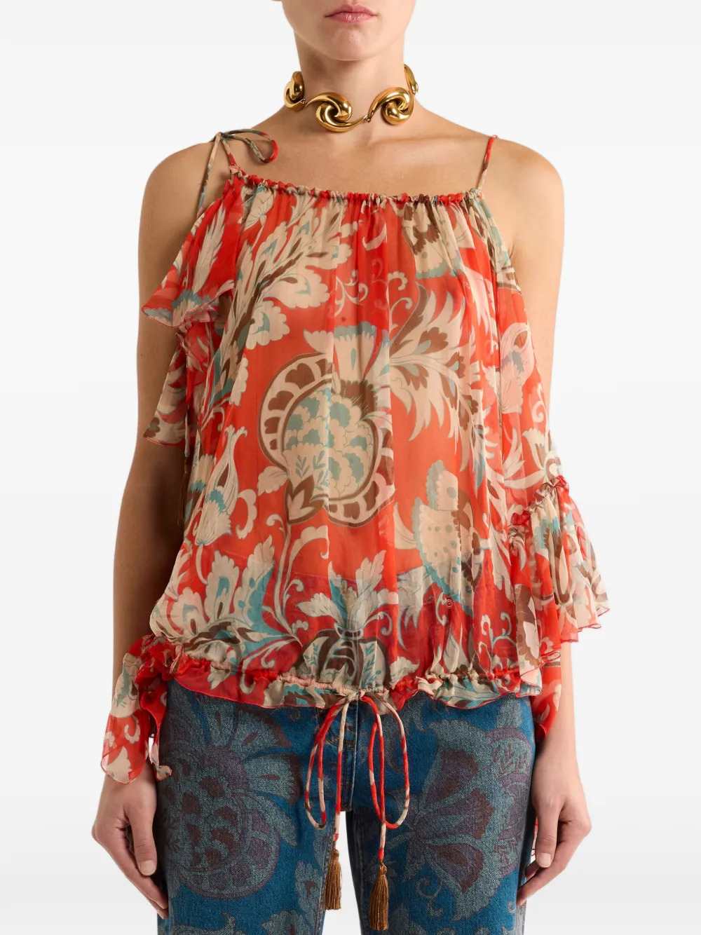 Etro Women Single-Sleeve Silk Top With Floral Motif ETRO
