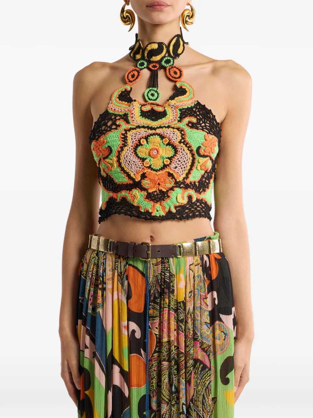 Etro Women Cotton Crop Top With Crochet-Effect Floral Pattern