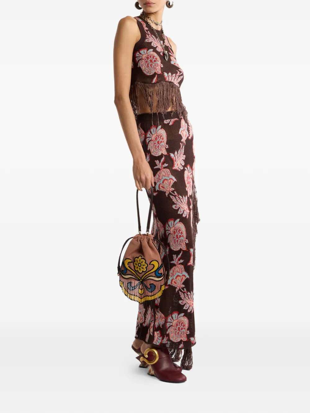 Etro Women Long Cotton Blend Jacquard Skirt With Fringe And Floral Pattern ETRO