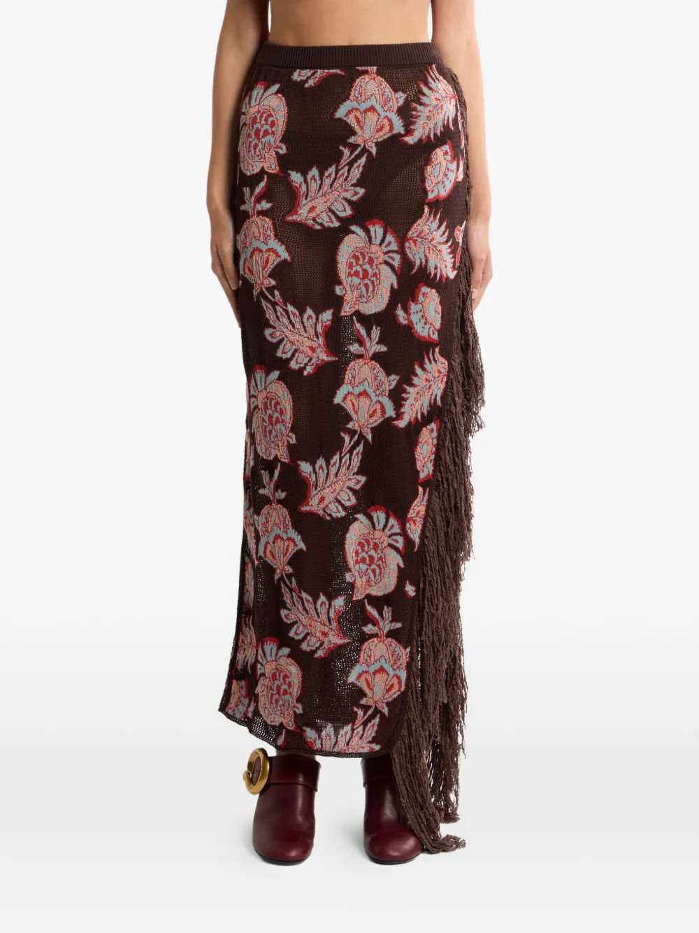 Etro Women Long Cotton Blend Jacquard Skirt With Fringe And Floral Pattern ETRO