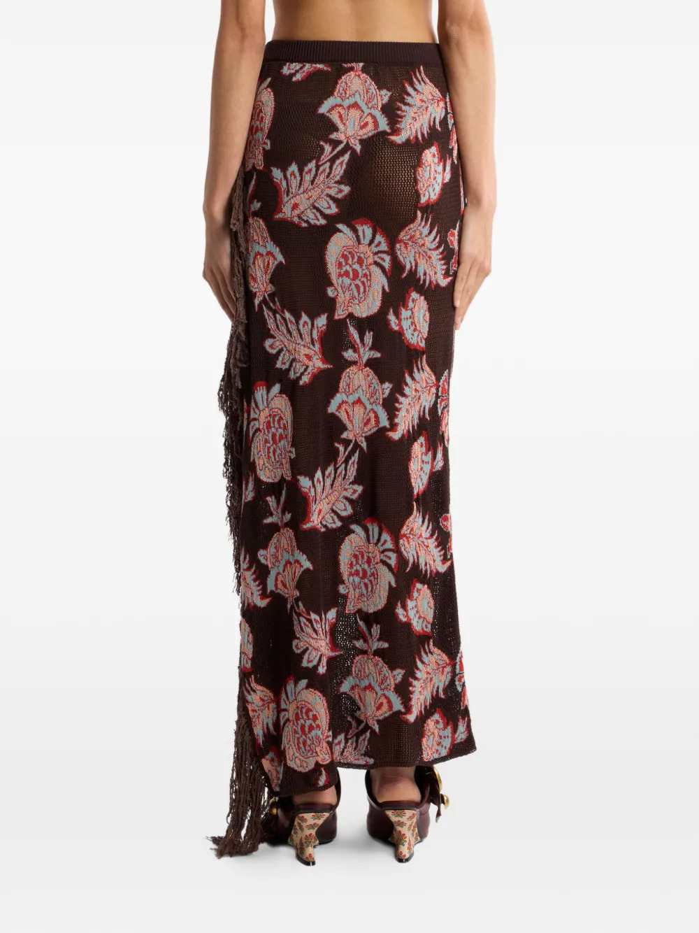 Etro Women Long Cotton Blend Jacquard Skirt With Fringe And Floral Pattern ETRO