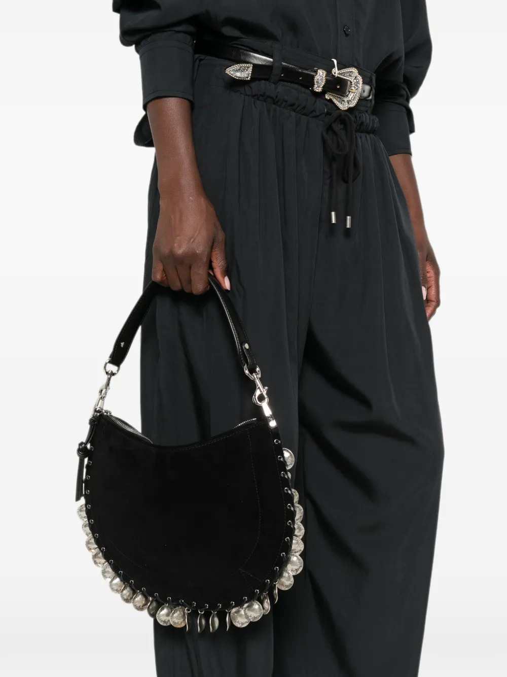 Marant Women Oskan Shoulder Bag In Soft Calf Suede With Medallions And Zipper. ISABEL MARANT