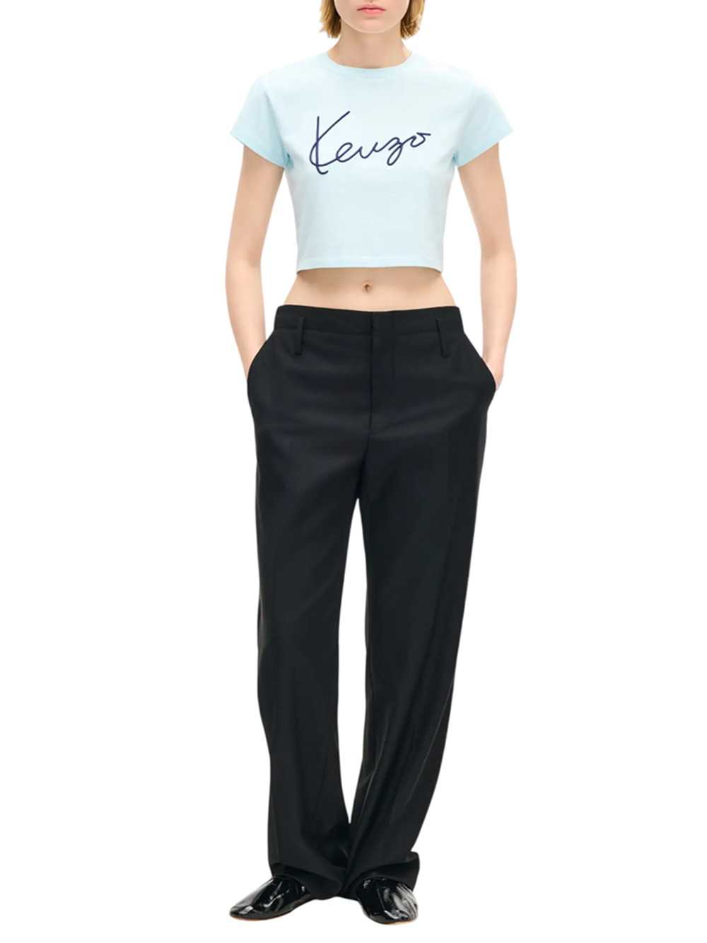 Kenzo Women `Kenzo Signature` Embroidered Cotton Cropped T-Shirt KENZO