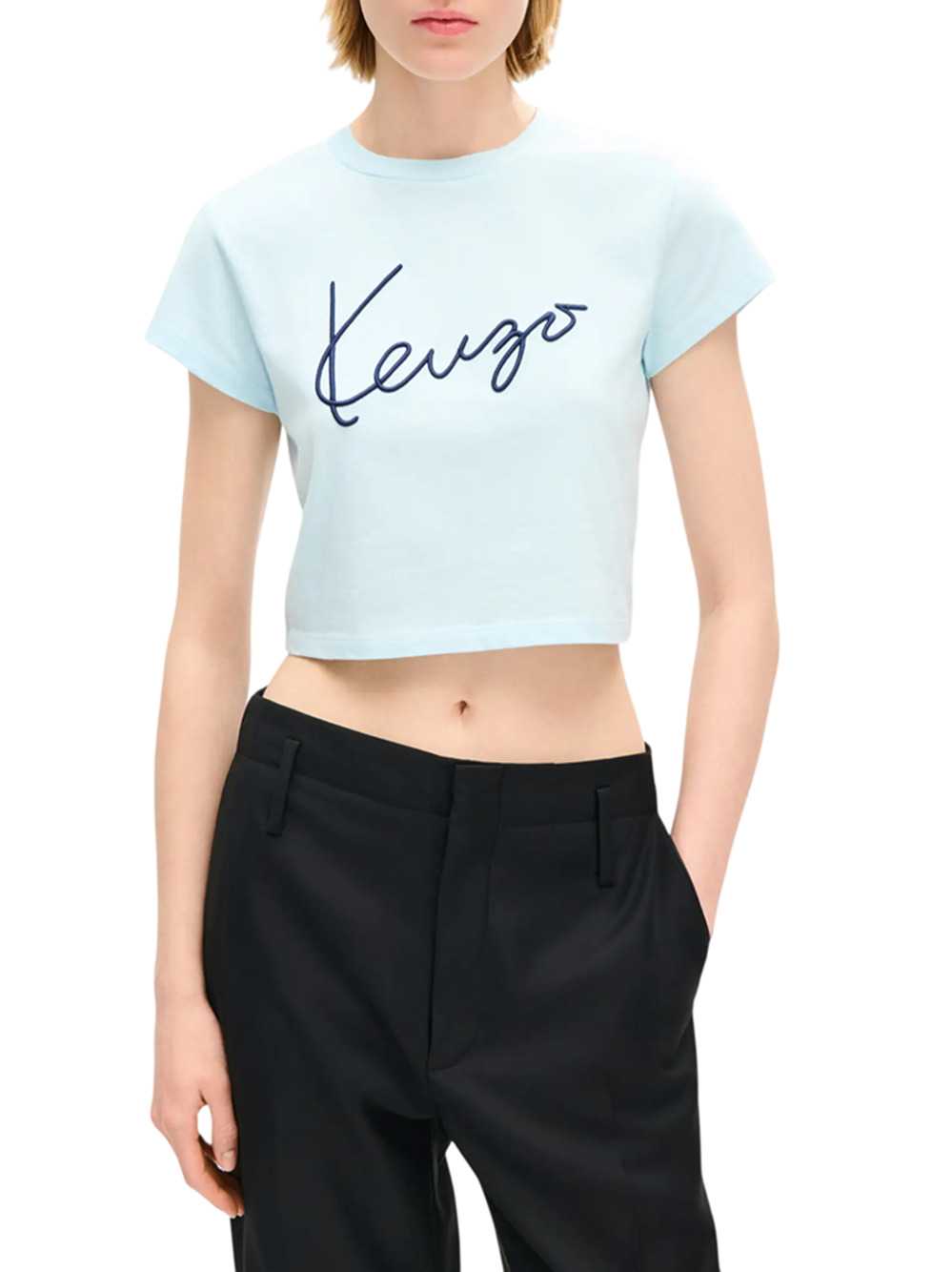 Kenzo Women `Kenzo Signature` Embroidered Cotton Cropped T-Shirt KENZO