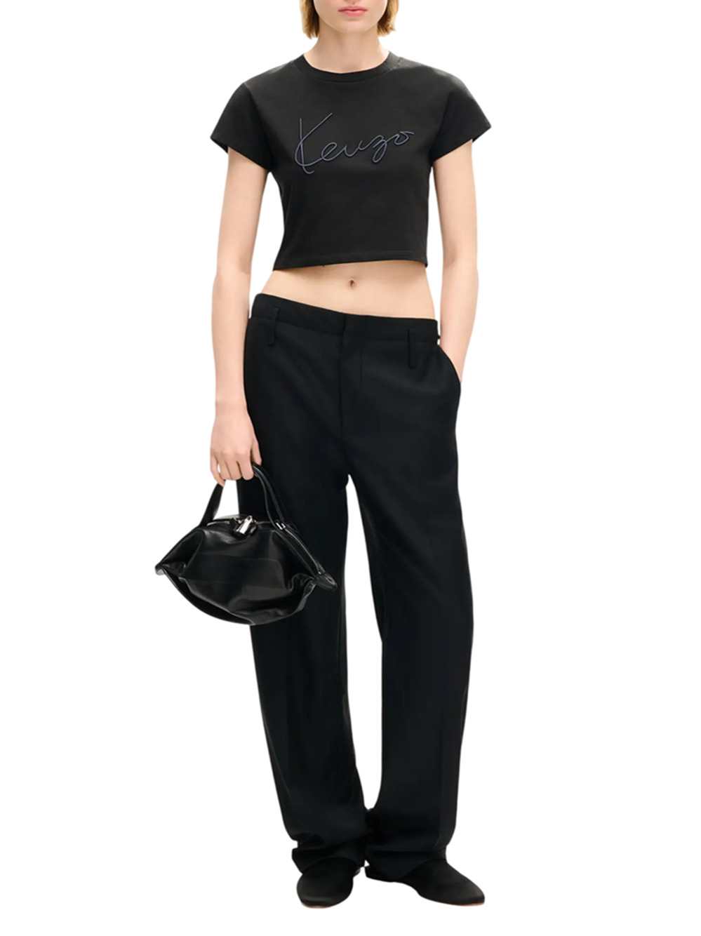 Kenzo Women `Kenzo Signature` Embroidered Cotton Cropped T-Shirt KENZO