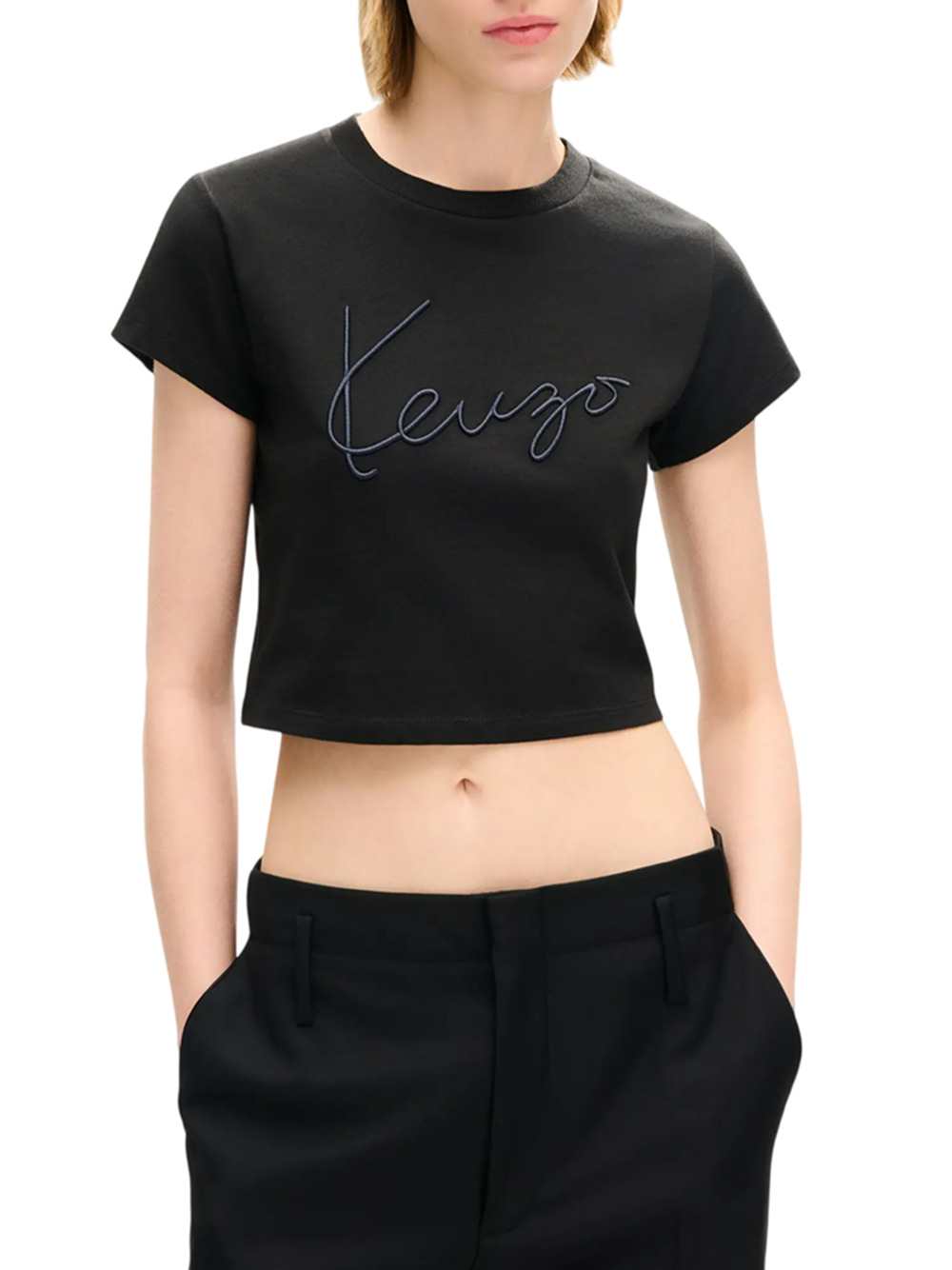 Kenzo Women `Kenzo Signature` Embroidered Cotton Cropped T-Shirt KENZO