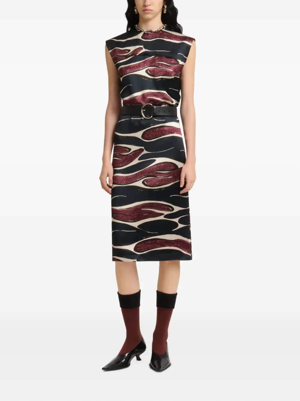 Marni Women Black Viscose Dress With Crimson Wave Print MARNI