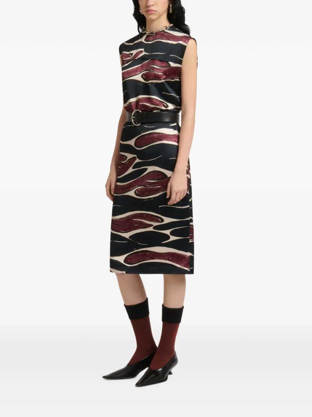Marni Women Black Viscose Dress With Crimson Wave Print MARNI