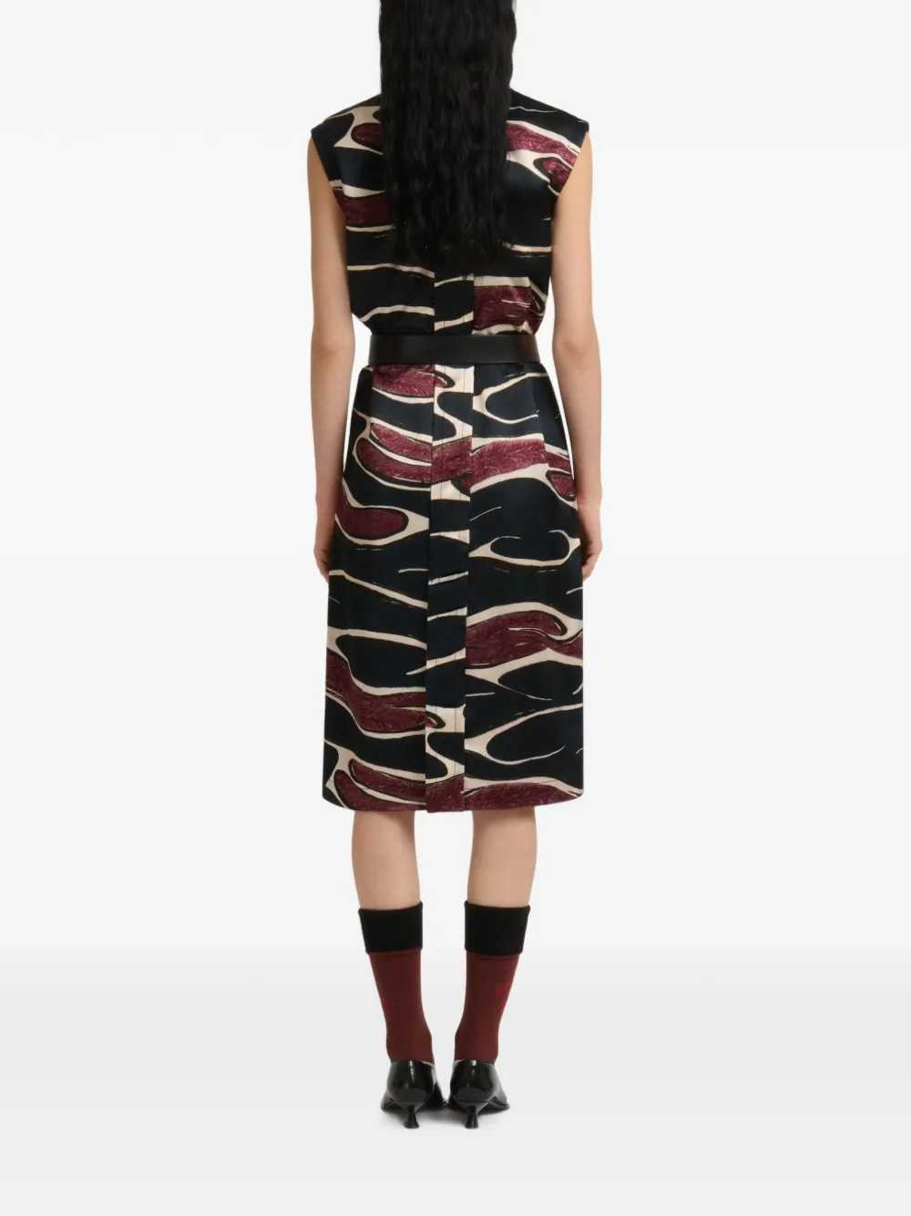 Marni Women Black Viscose Dress With Crimson Wave Print MARNI