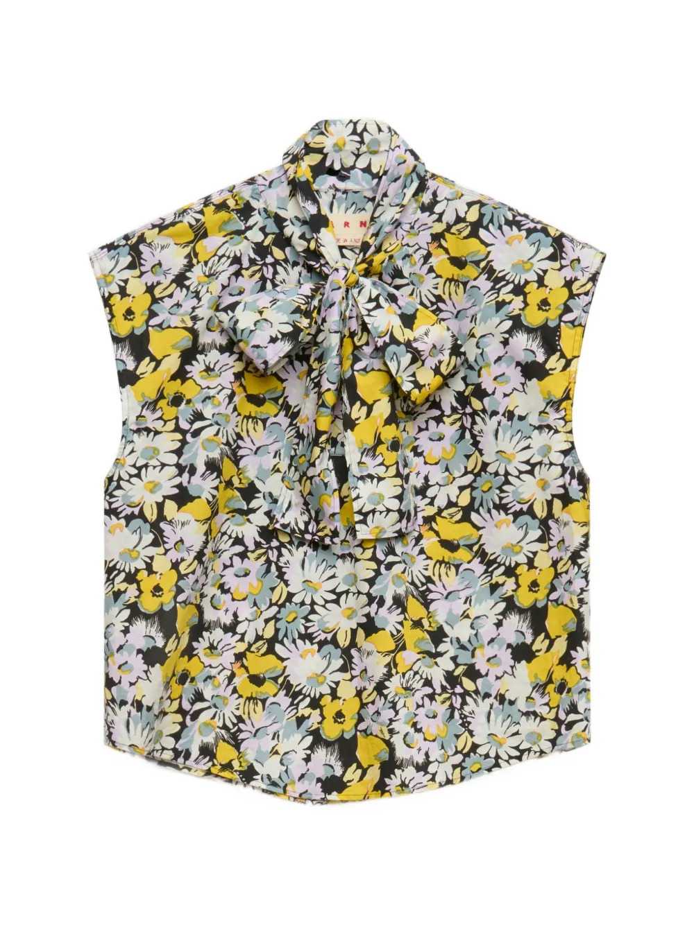 Marni Women Black Poplin Sleeveless Blouse With Pop Floral Print MARNI