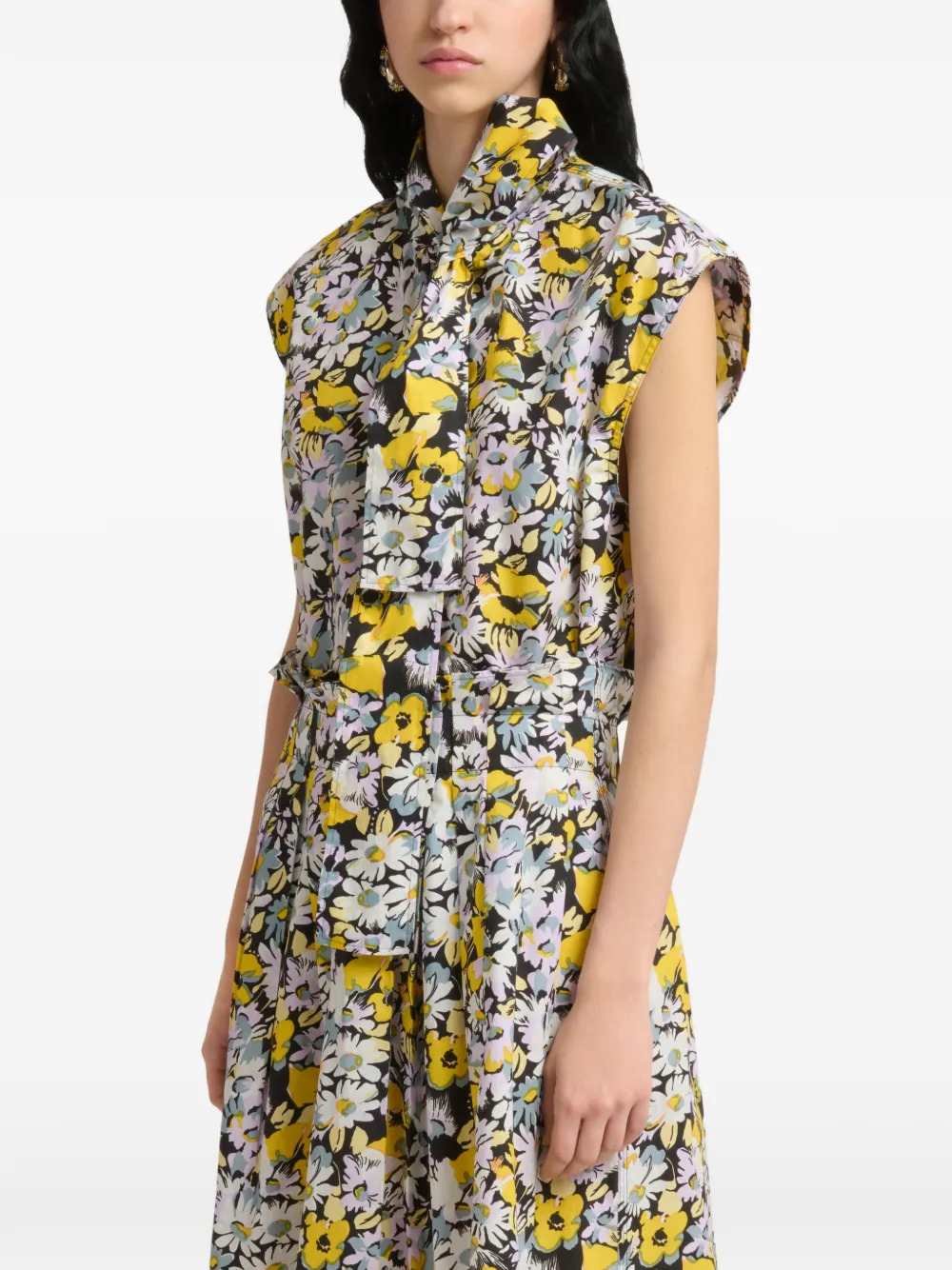 Marni Women Black Poplin Sleeveless Blouse With Pop Floral Print MARNI