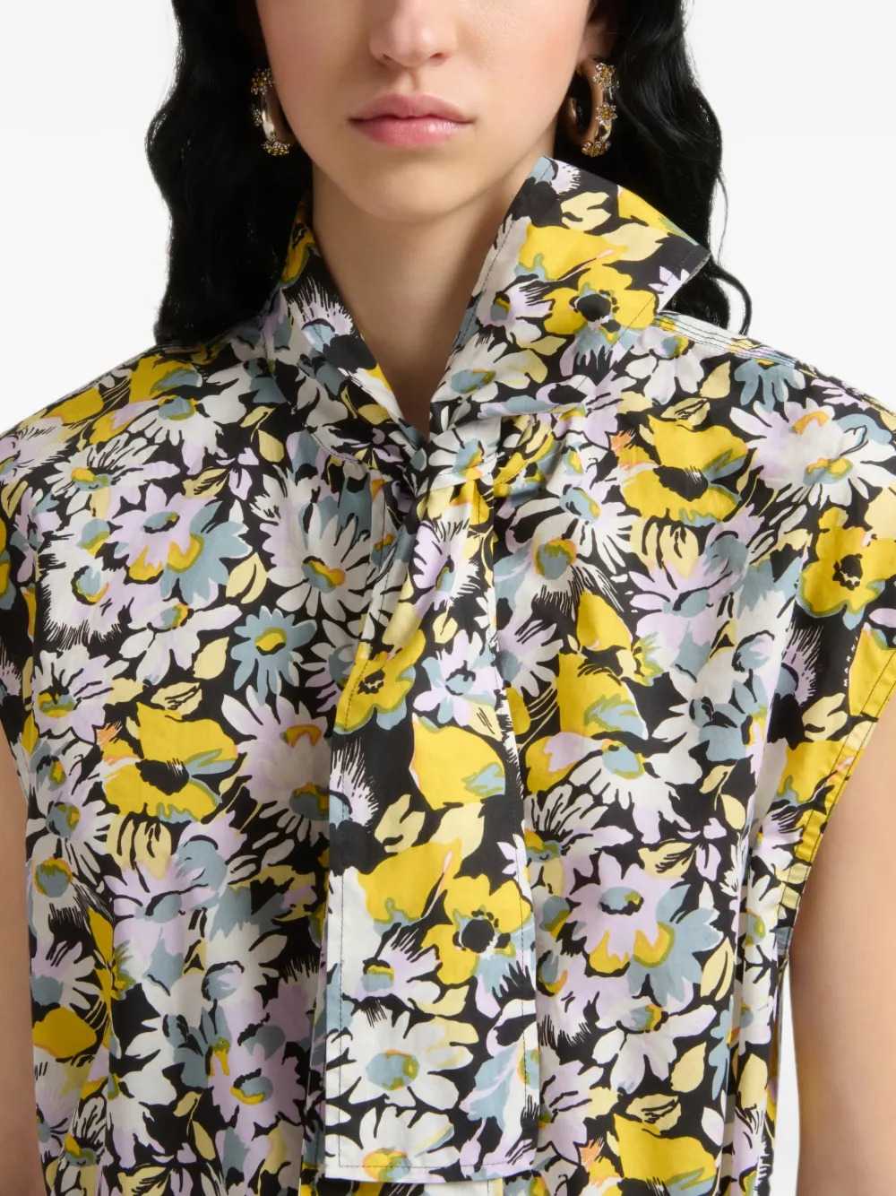 Marni Women Black Poplin Sleeveless Blouse With Pop Floral Print MARNI