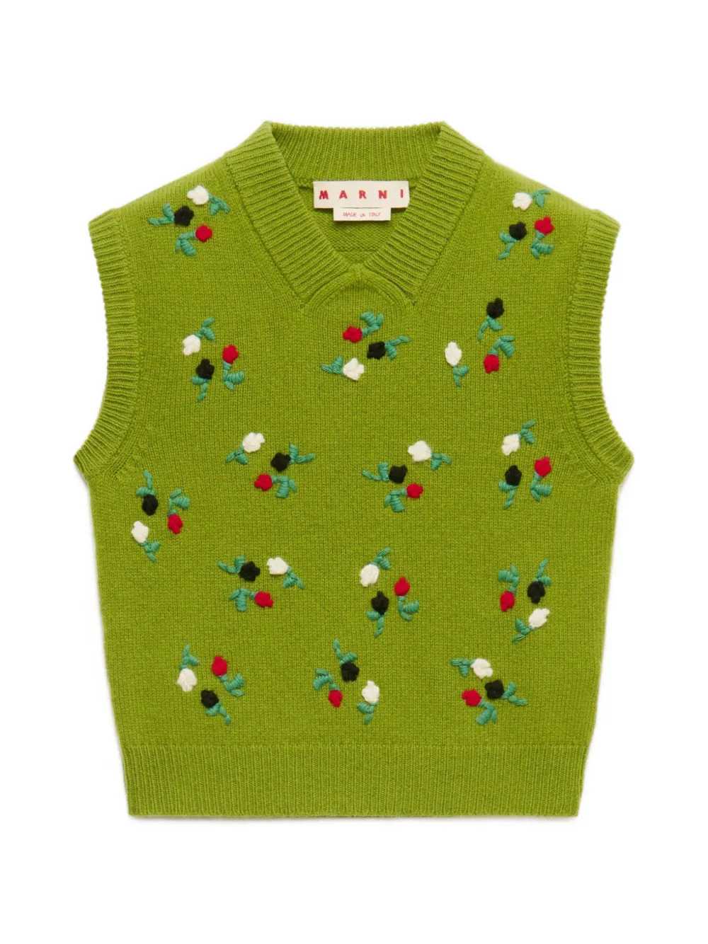 Marni Women Green Wool And Cashmere Vest With Floral Embroidery. MARNI