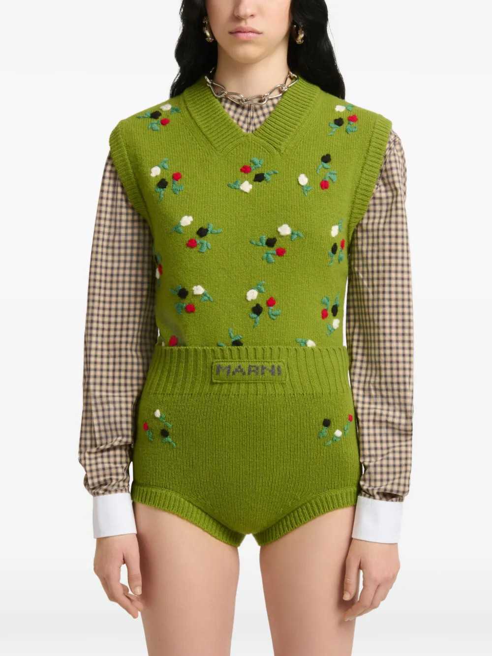 Marni Women Green Wool And Cashmere Vest With Floral Embroidery. MARNI