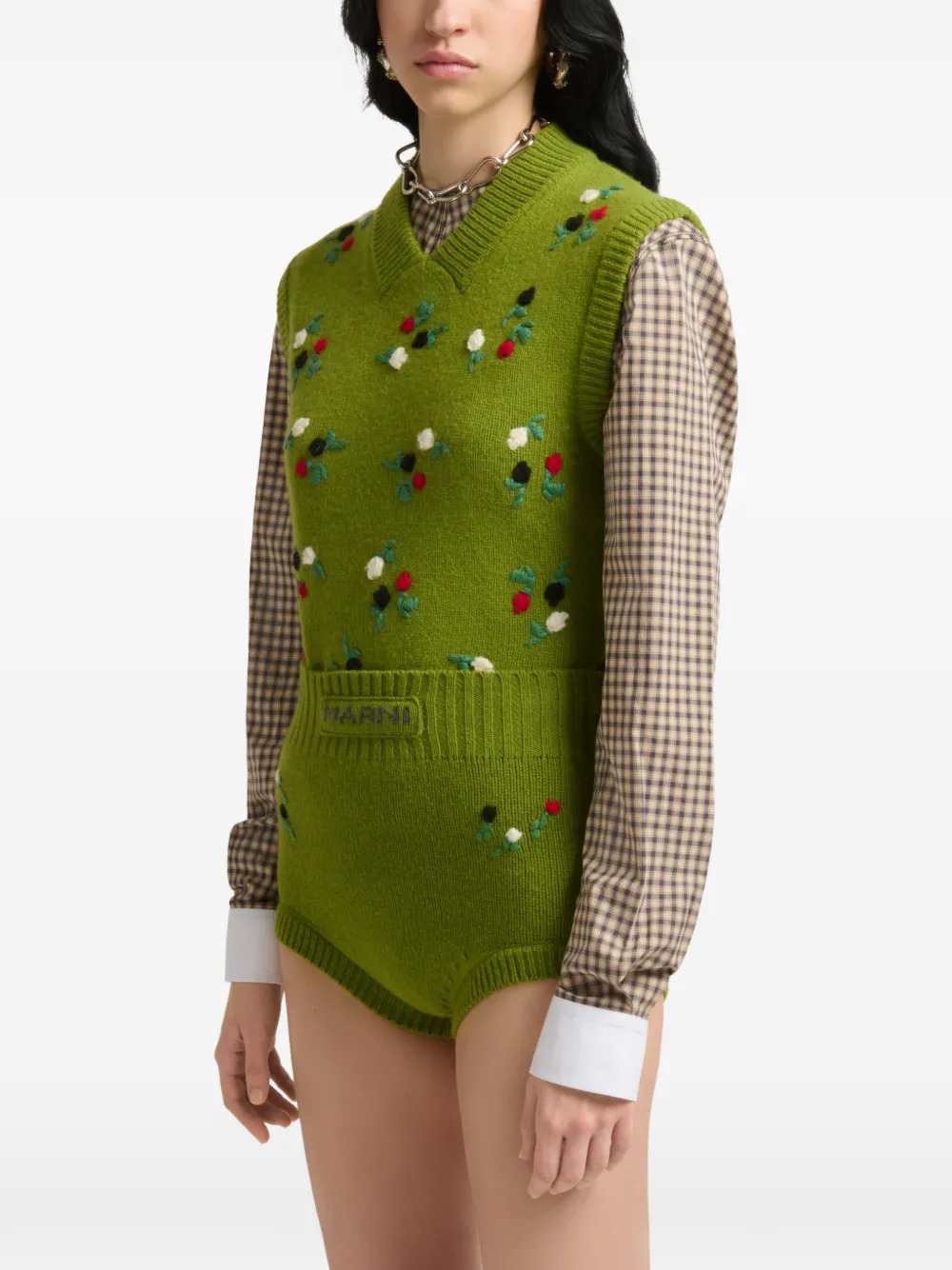 Marni Women Green Wool And Cashmere Vest With Floral Embroidery. MARNI