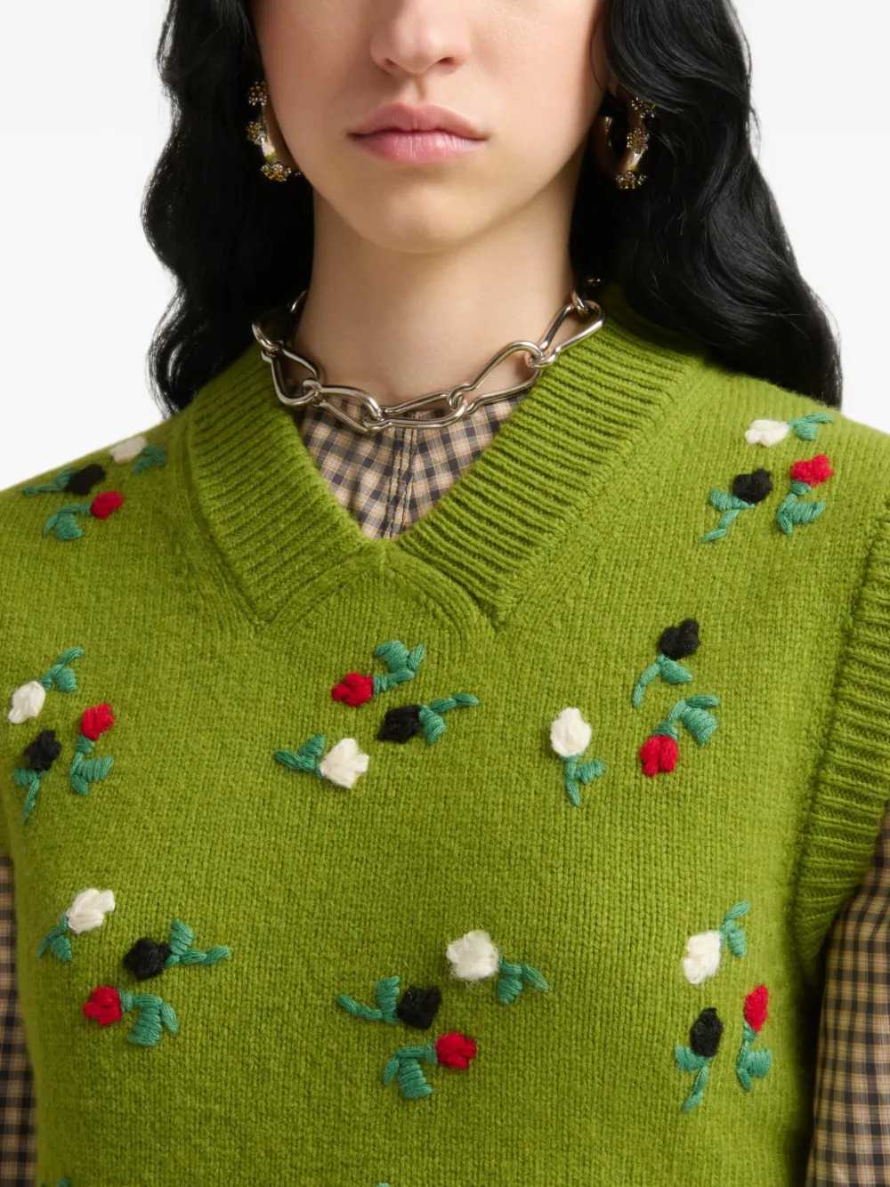 Marni Women Green Wool And Cashmere Vest With Floral Embroidery. MARNI