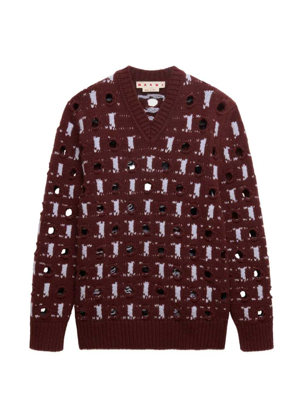 Marni Men Brown Wool And Cashmere Sweater With Openwork Polka Dots MARNI