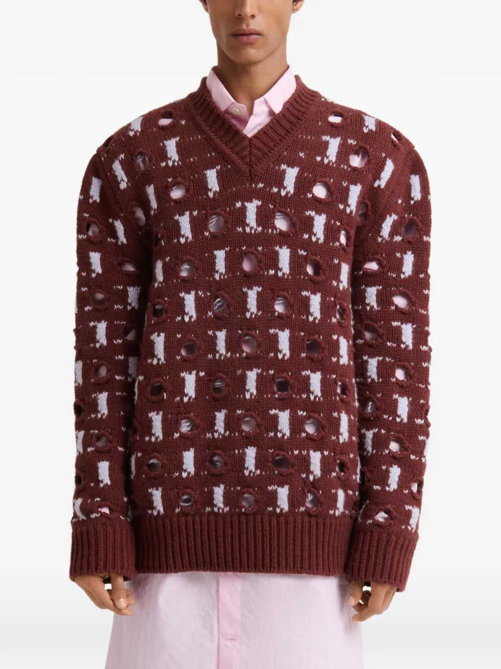 Marni Men Brown Wool And Cashmere Sweater With Openwork Polka Dots MARNI