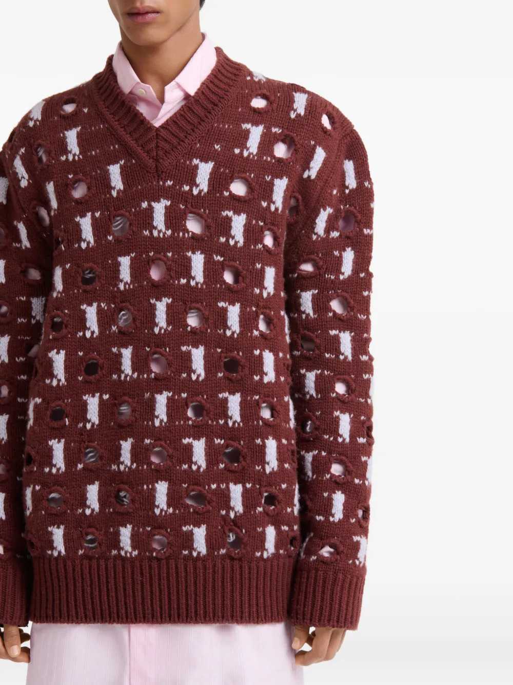 Marni Men Brown Wool And Cashmere Sweater With Openwork Polka Dots MARNI
