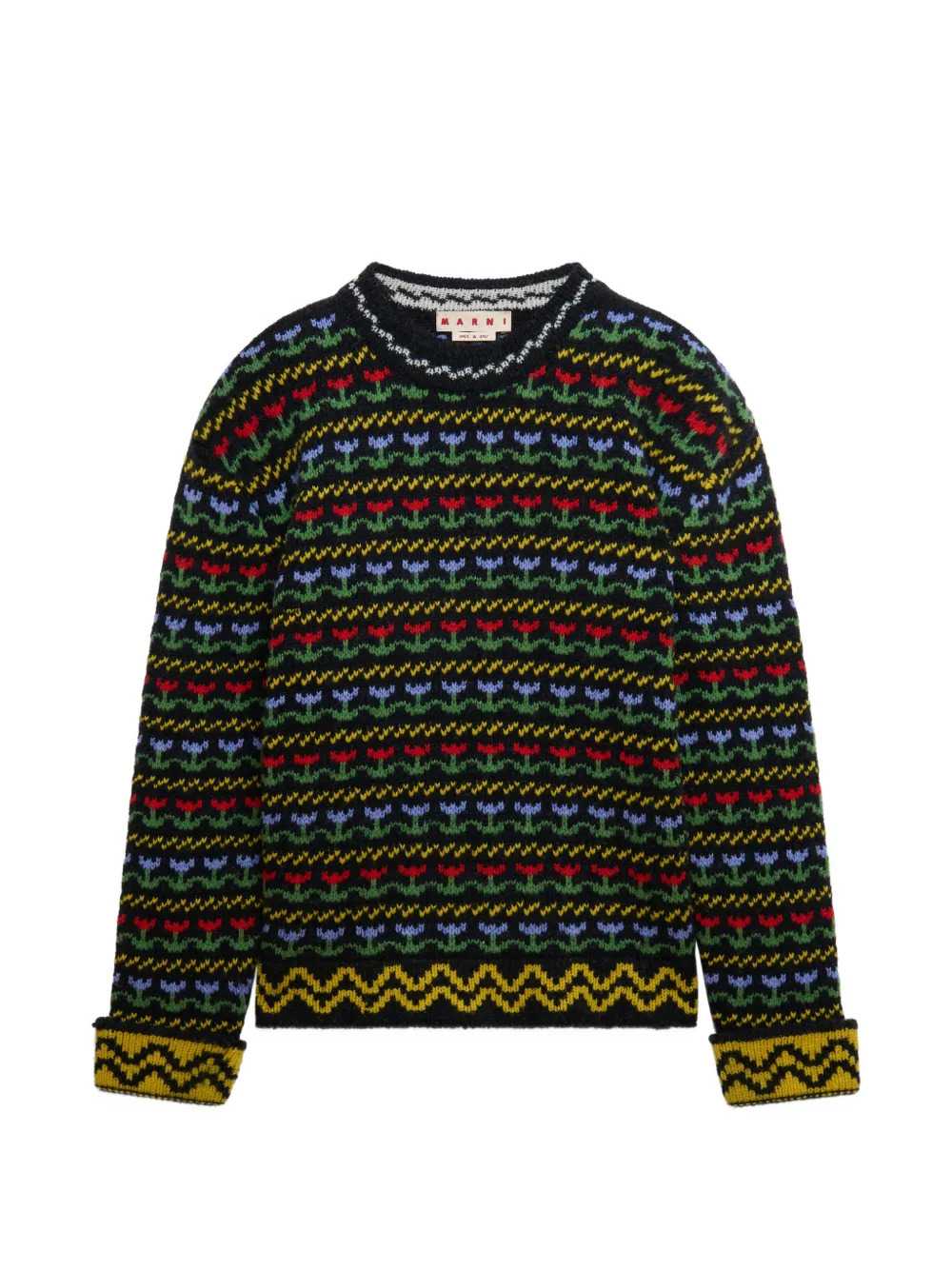 Marni Men Black Shetland Wool Sweater With Fair Isle Pattern MARNI