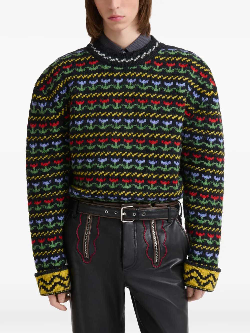 Marni Men Black Shetland Wool Sweater With Fair Isle Pattern MARNI